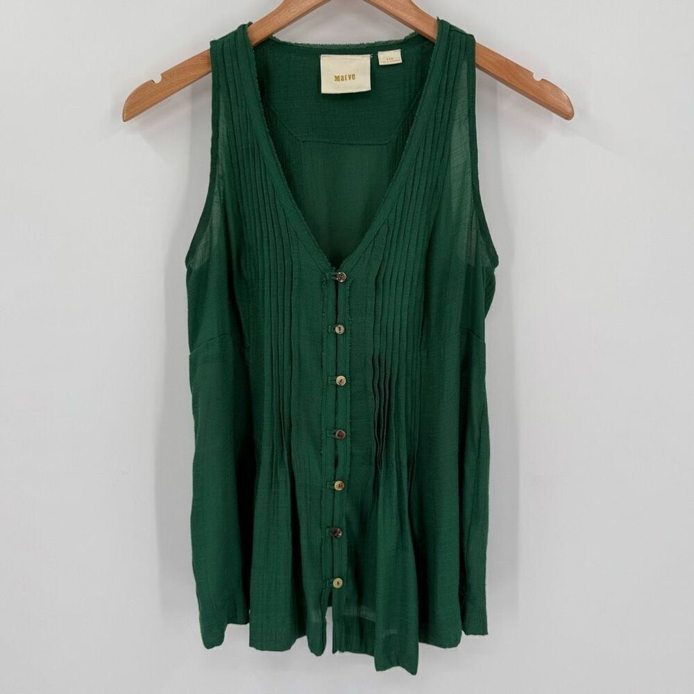 Anthropologie Maeve Saona Pintuck Pleated Button Up Swing Tank Top‎ Green XXS